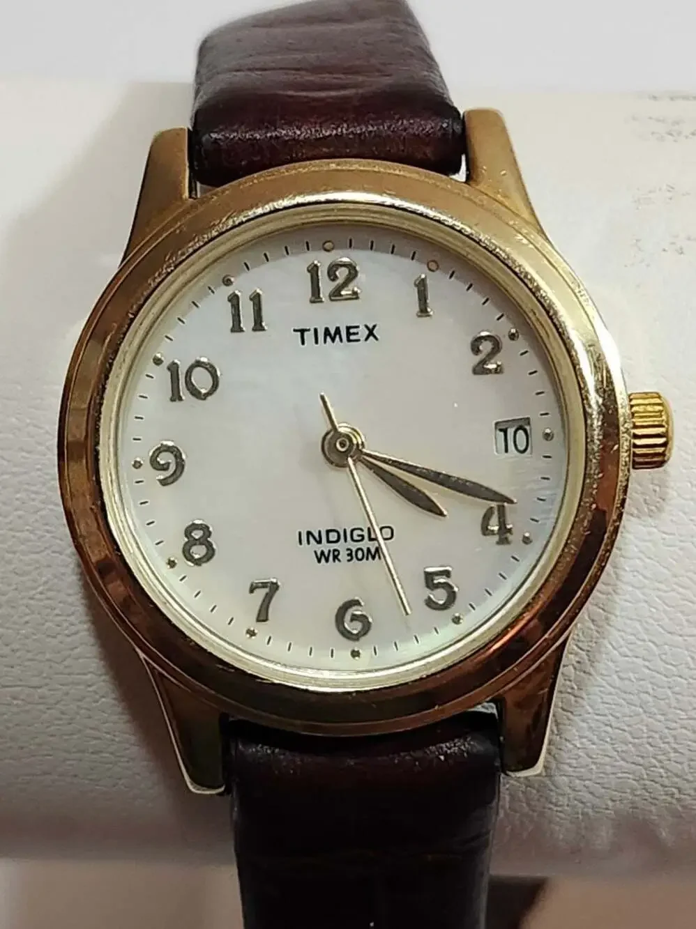 Timex Indiglo Women's Gold Tone Mother of Pearl Dial Brown Leather Strap Watch